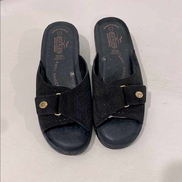 Fly Flot Black Anatomic Cushioned Anti Shock Genuine Leather Slide Sandals - Picture 1 of 11